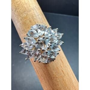 Sterling Silver Aquamarine Cluster Ring Size 9 Floral Statement